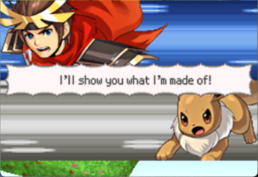 Battle intro screen with male player at the top and eevee at the bottom. Text reads "I'll show you what I'm made of!"