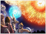 Picture of some warriors, along with a chimeco, zebstrika, and sealeo watching some fireworks at night