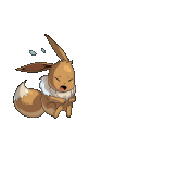 Sprite of eevee in the fetal position looking scared with its eyes closed and mouth open, some splashes of water come off its head