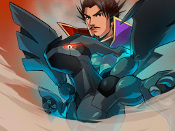 Title screen of pokemon conquest, showing zekrom in the foreground with glowing red eyes, and nobunaga in the background, clounds swooping in the foreground, very menacing