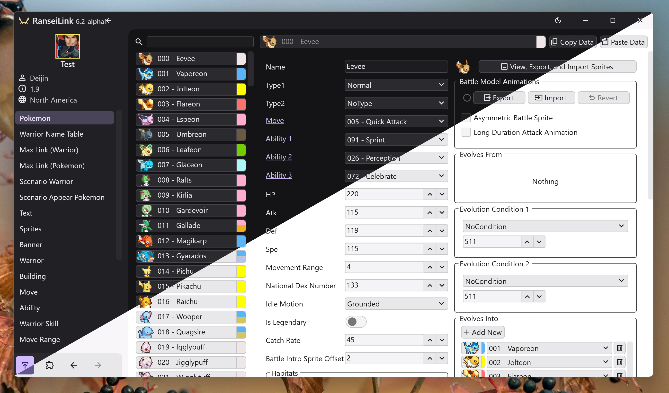 Two screenshots of RanseiLink app overlayed so the top left half shows the dark theme and the bottom right half shows the light theme